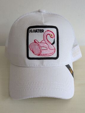 Goorin Bros White Trucker Hat with Pink Flamingo Patch Floater